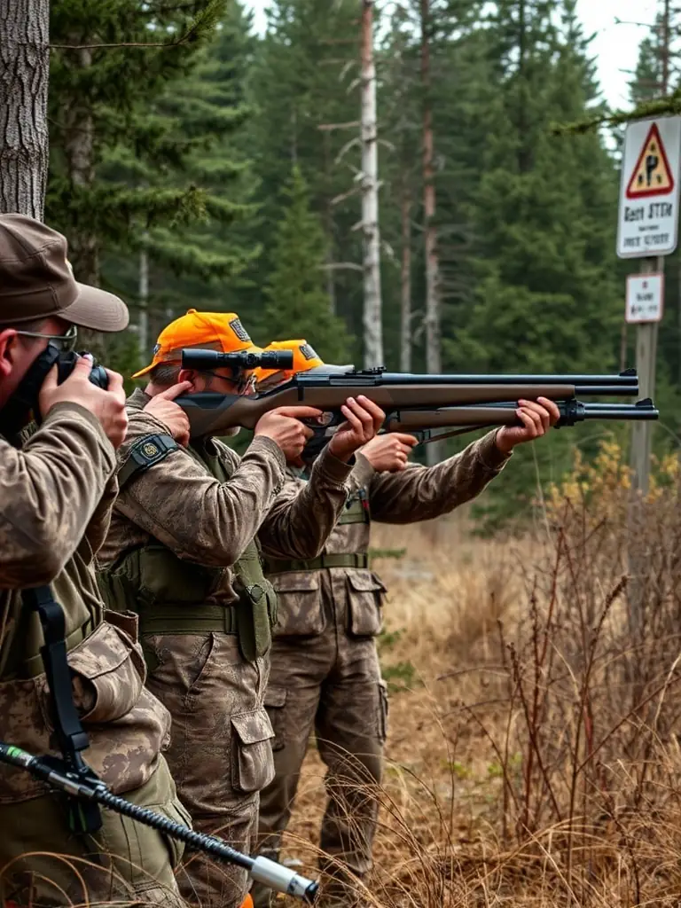 A group of hunters participating in a regulated hunting activity, emphasizing responsible and ethical hunting practices.