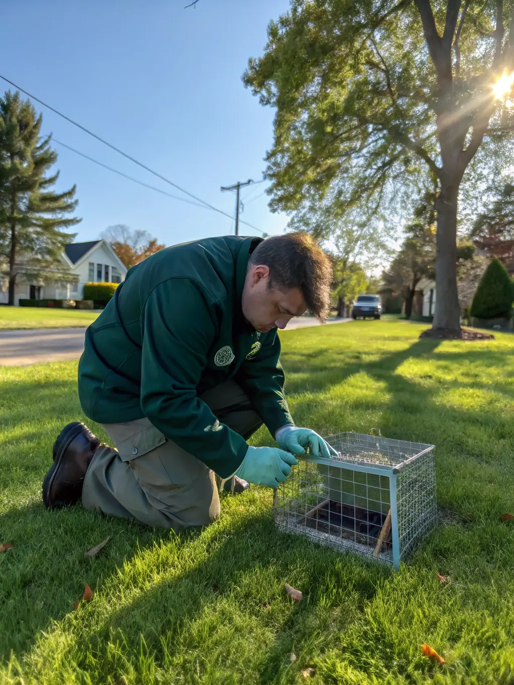 An image showing team members setting humane traps in a rural landscape, emphasizing responsible wildlife management.