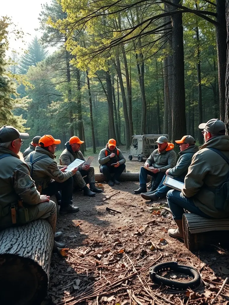 A photograph depicting a group of hunters participating in a responsible hunting education workshop, emphasizing safety and ethical practices in a forest setting.