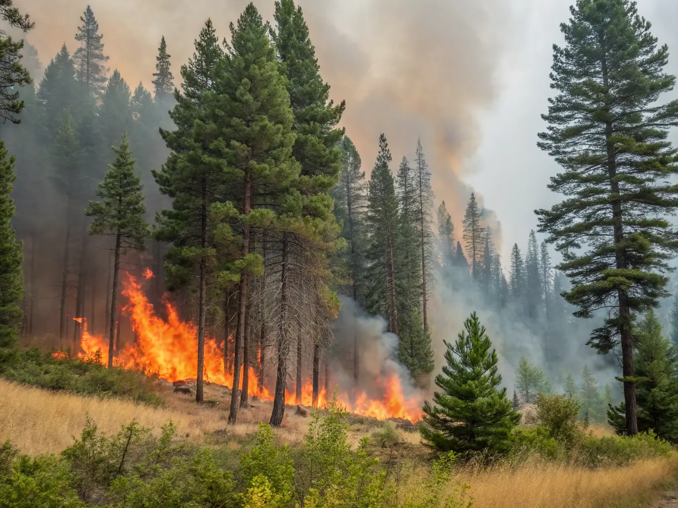 A picturesque landscape showing a controlled burn in a managed forest, illustrating habitat management for wildlife protection.