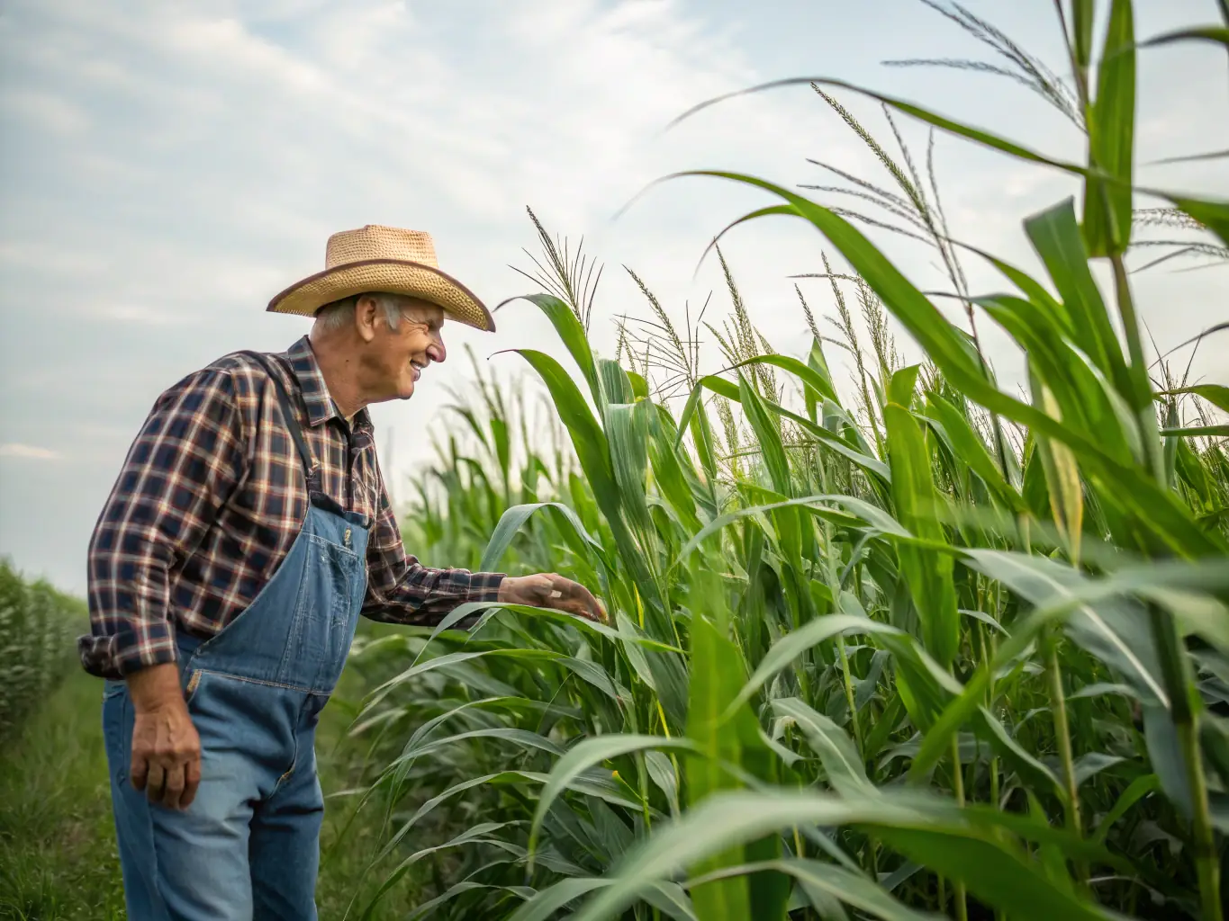 A farmer inspecting a healthy crop yield, showcasing the effectiveness of crop safeguarding measures.