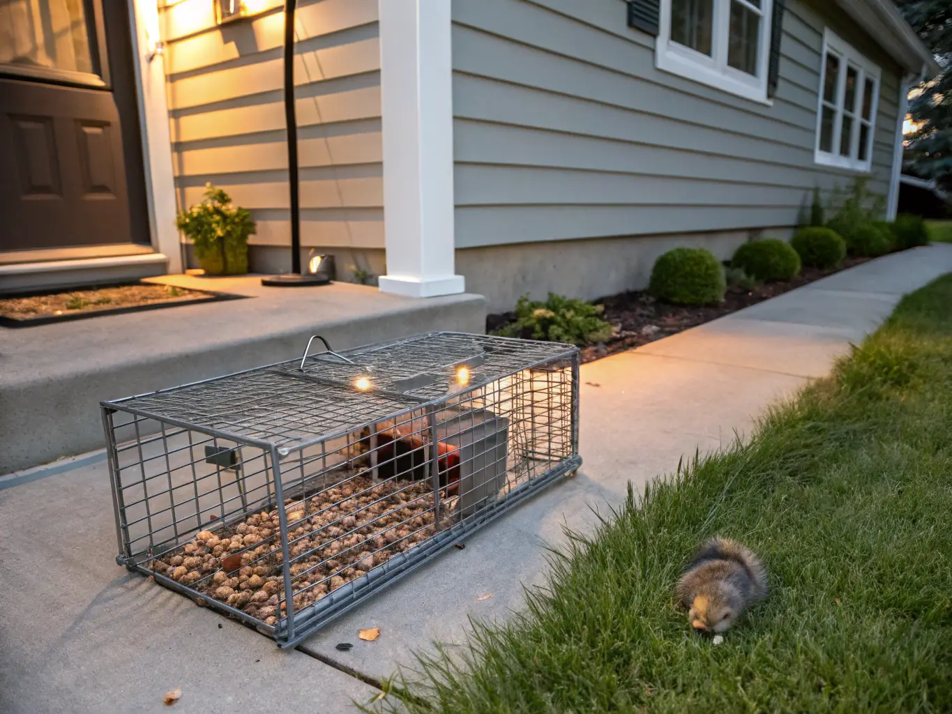 A hunter carefully setting a humane trap in a field, demonstrating responsible species control methods.